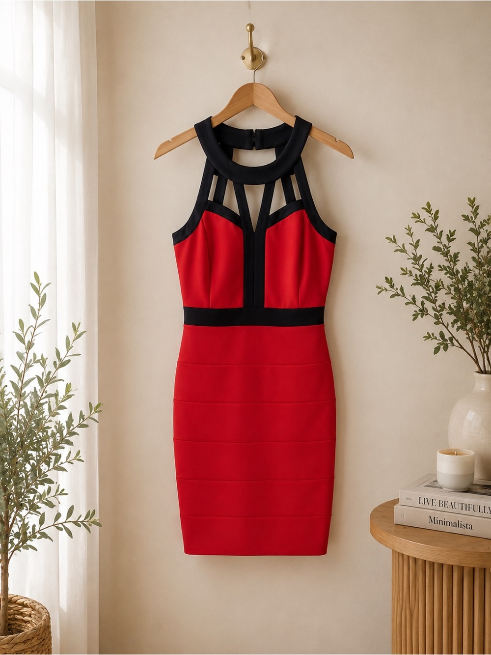 Crystal Doll Red Black Cage Cutout Halter Bodycon Mini Dress
